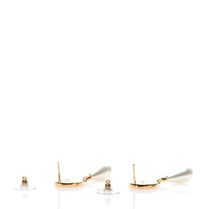 Chanel Metal Pearl Paris Button Drop Earrings Gold 3 of 5