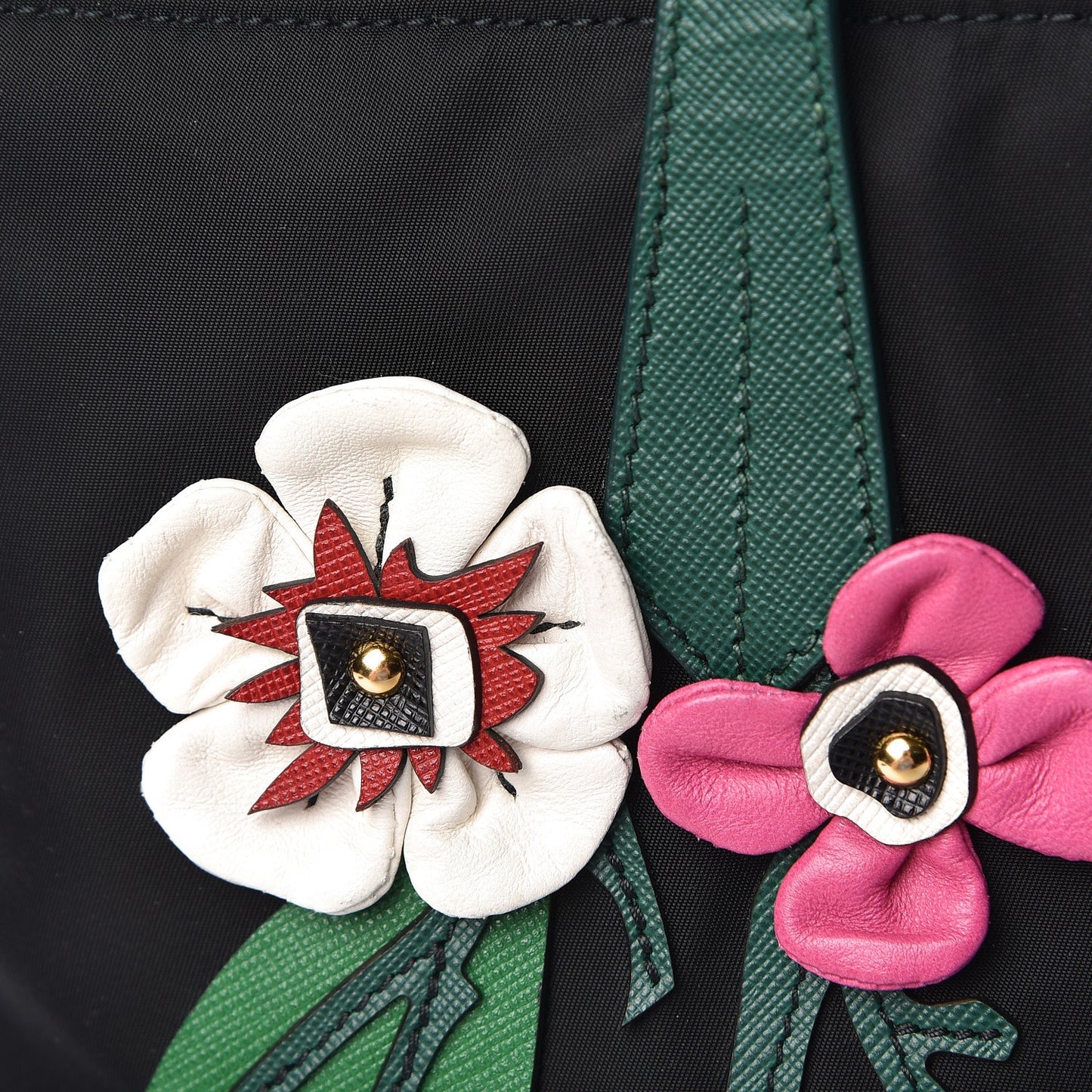 Nylon Tessuto Flower Medium Shopping Tote Bag Black