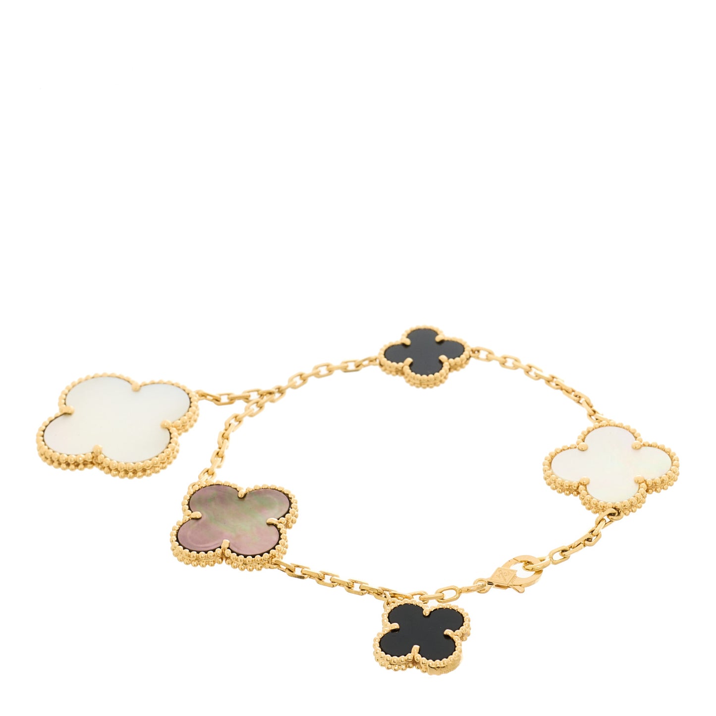 18K Yellow Gold Grey Mother of Pearl Black Onyx 5 Motifs Magic Alhambra Bracelet