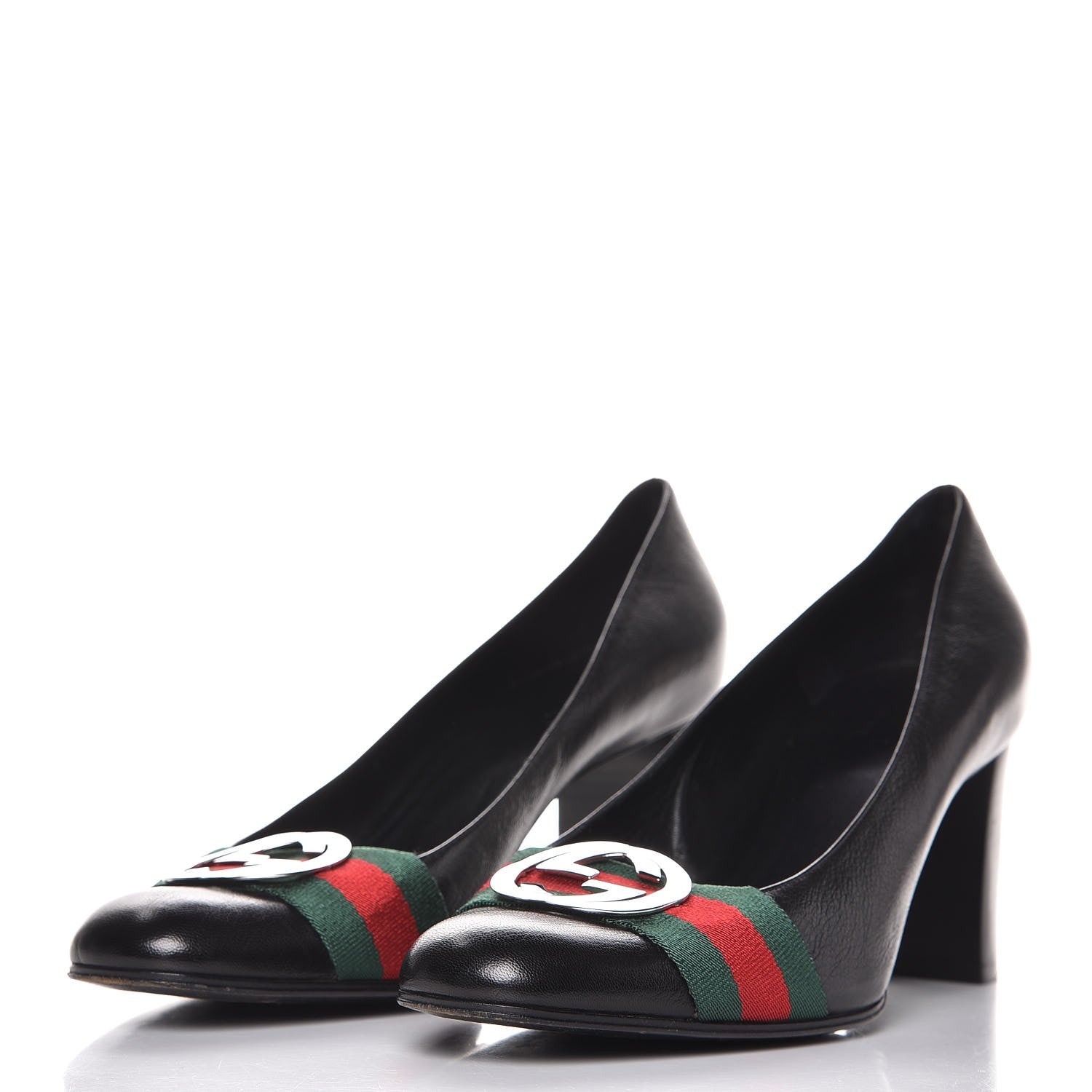 Gucci Calfskin Interlocking GG Web Mid Heel Pumps 10 Black 3 of 12