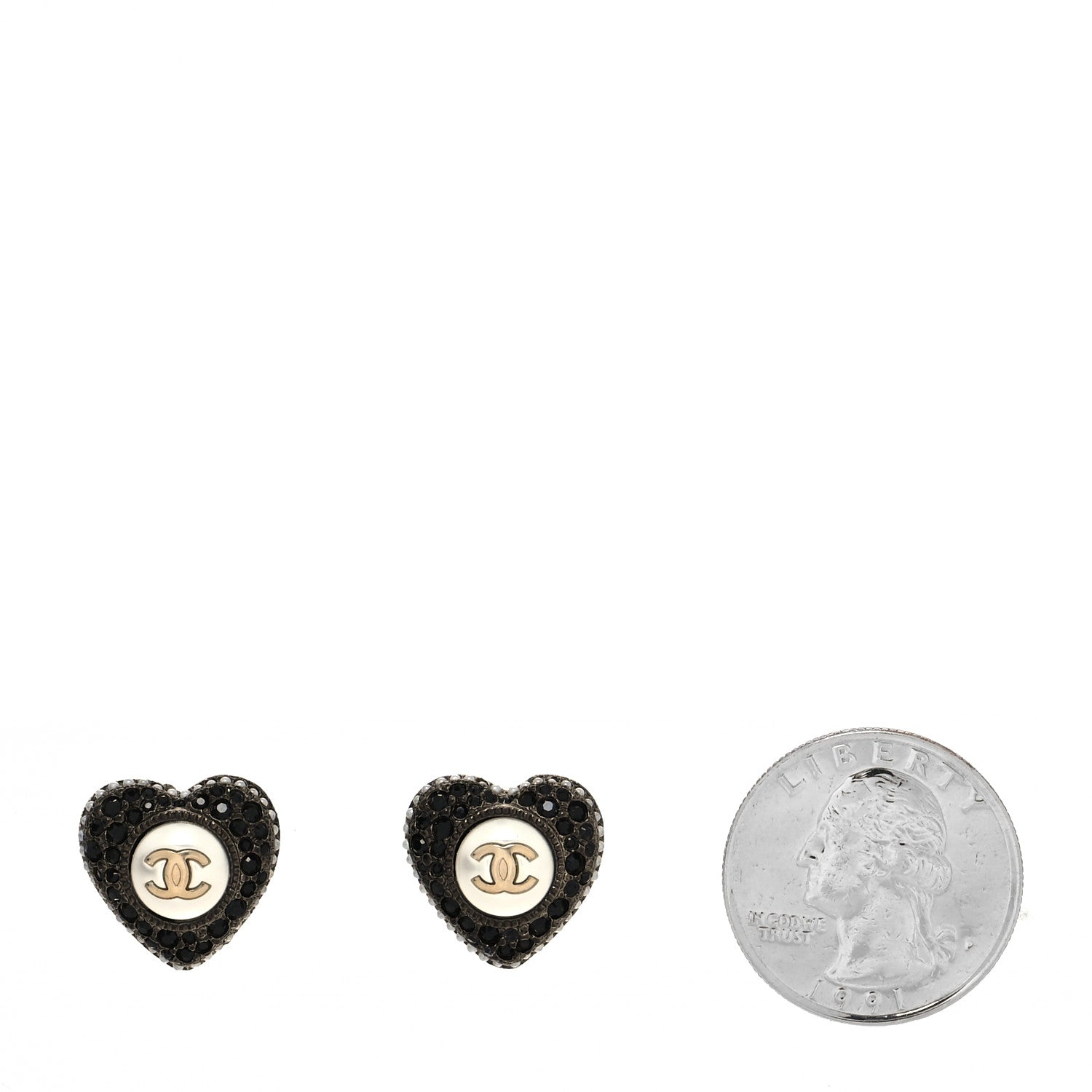 Chanel Pearl Crystal CC Heart Earrings Gold Black 2 of 4
