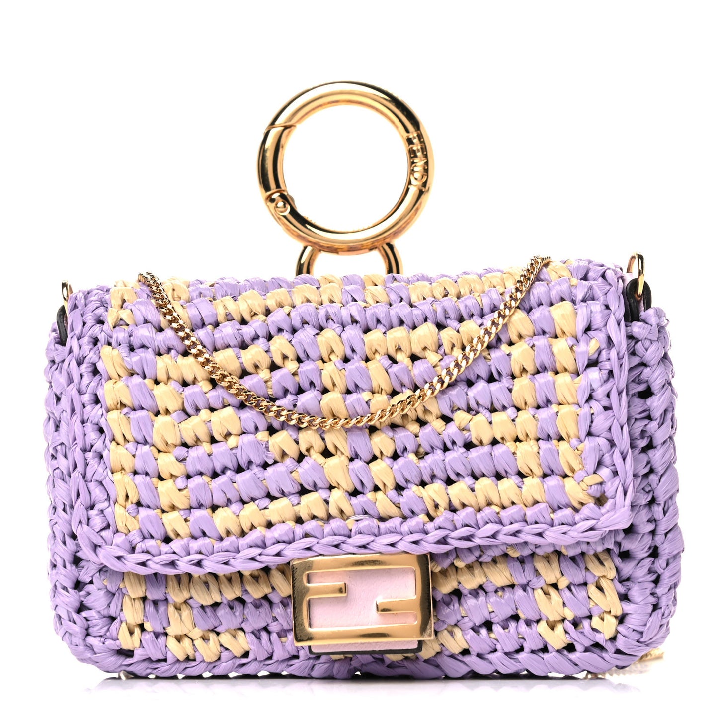 Raffia Vitello Seta FF Woven Nano Baguette Charm Anemone Natural