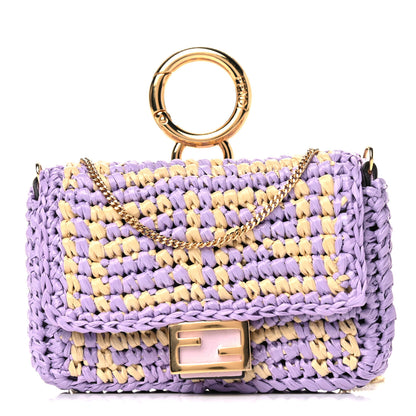 Fendi Raffia Vitello Seta FF Woven Nano Baguette Charm Anemone Natural 1 of 8