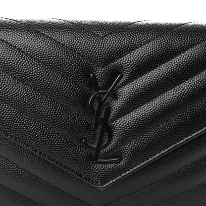 Saint Laurent Grain De Poudre Matelasse Chevron Monogram Monochrome Envelope Chain Wallet Black 7 of 9