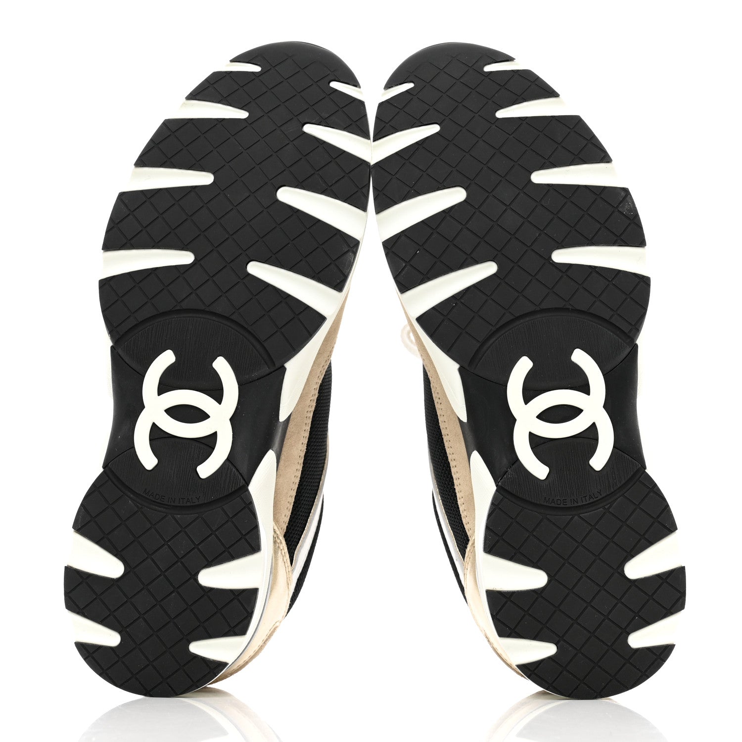 Chanel Mesh Suede Calfskin Womens CC Sneakers 38.5 White Black Beige Gold 5 of 8