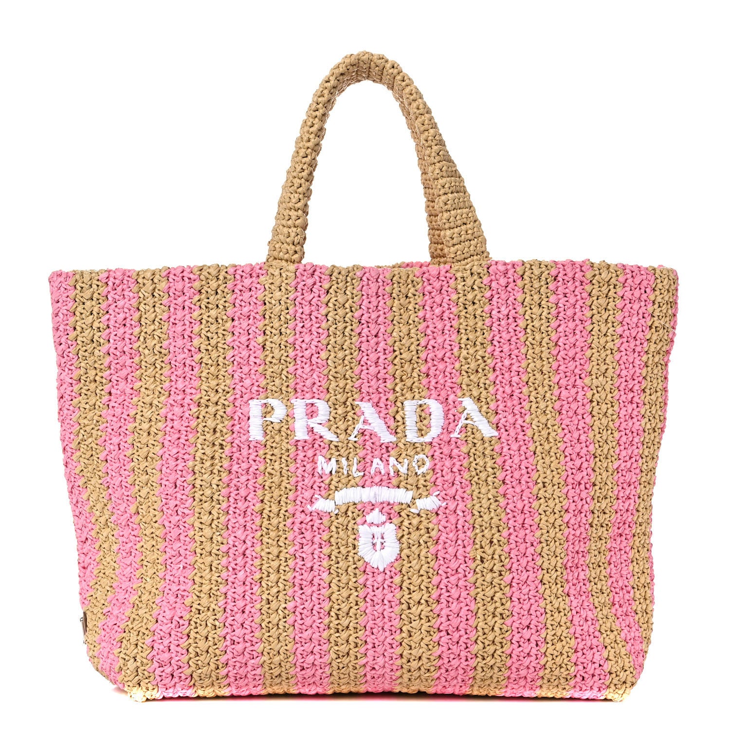 Prada Yarn Raffia Effect Crochet Striped Large Logo Tote Naturale Petalo 1 of 11