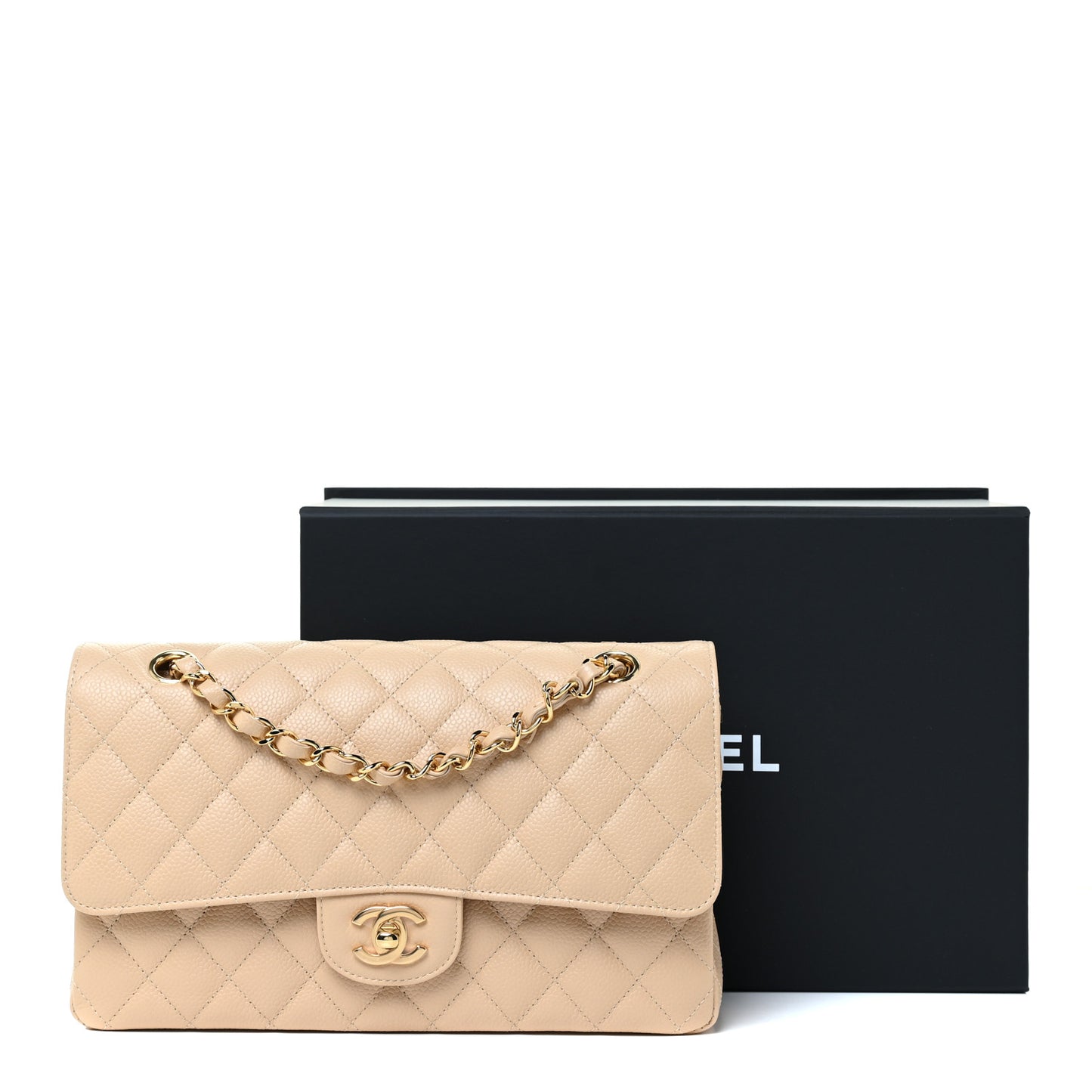 Caviar Quilted Medium Double Flap Beige Clair