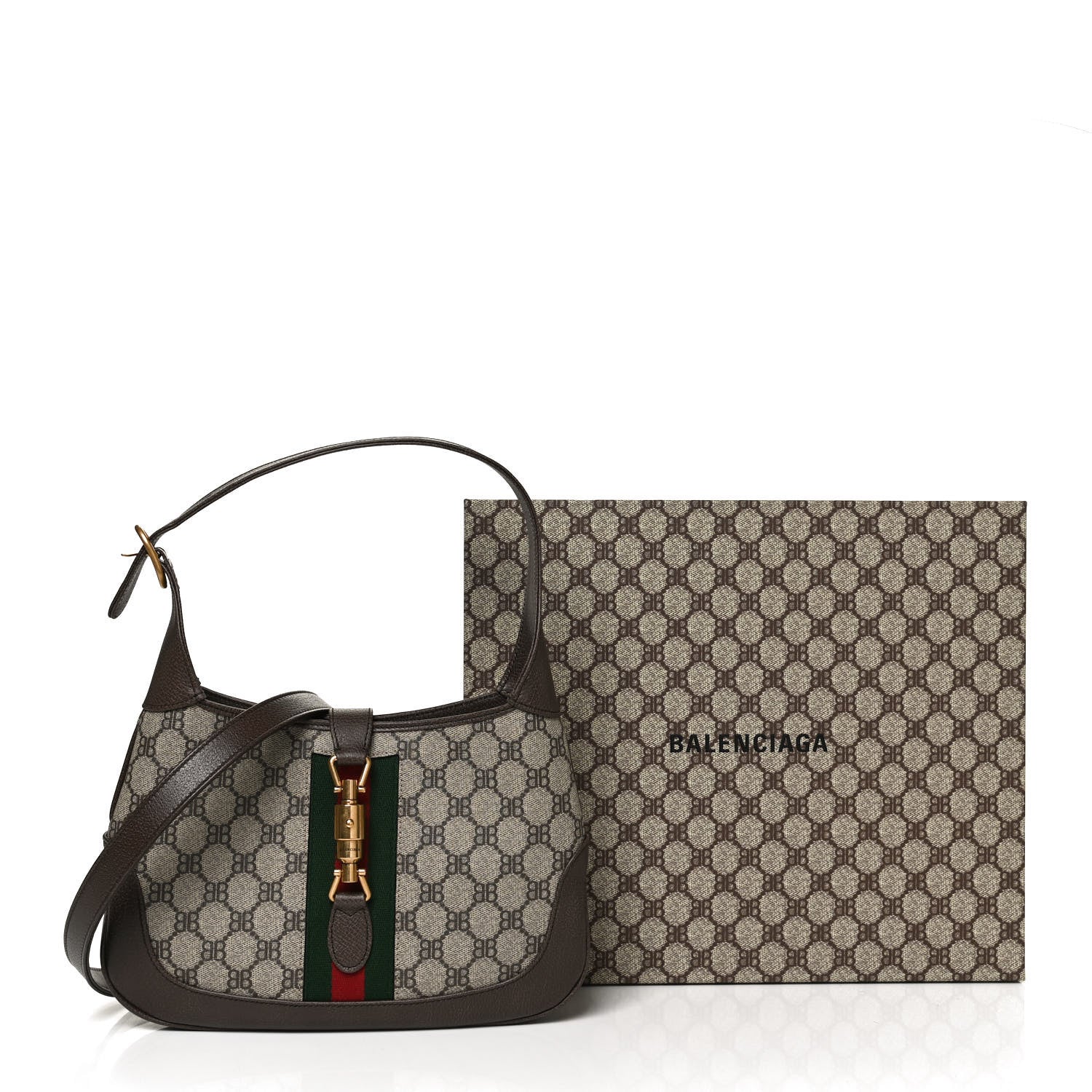 Gucci X BALENCIAGA BB Supreme Monogram Calfskin Web Small Jackie 1961 Hobo Beige Ebony 11 of 11