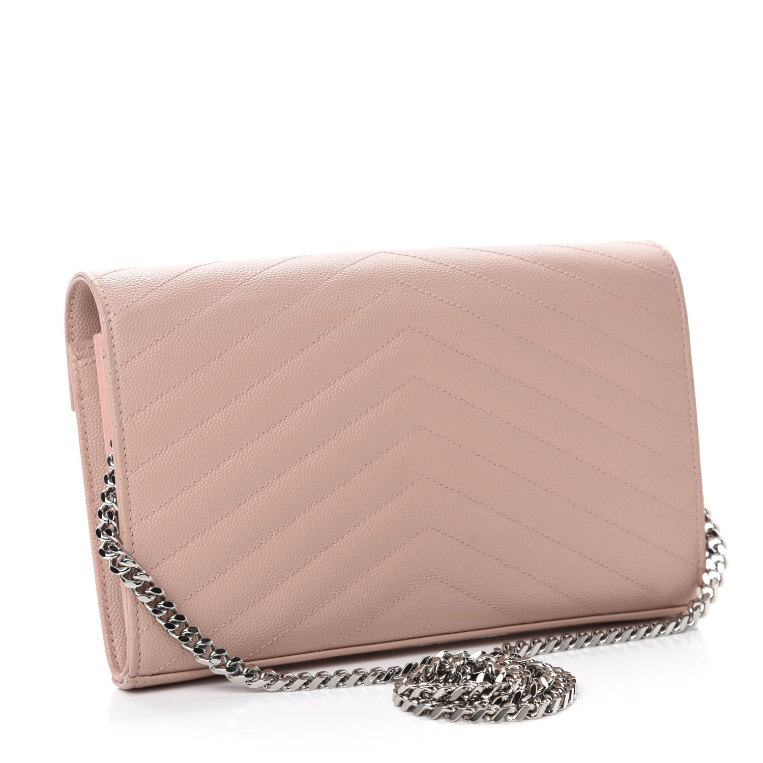 Saint Laurent Grain De Poudre Matelasse Chevron Monogram Chain Wallet Pale Pink 3 of 11