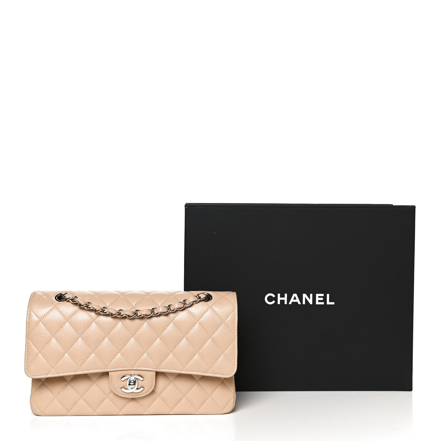 Caviar Quilted Medium Double Flap Beige