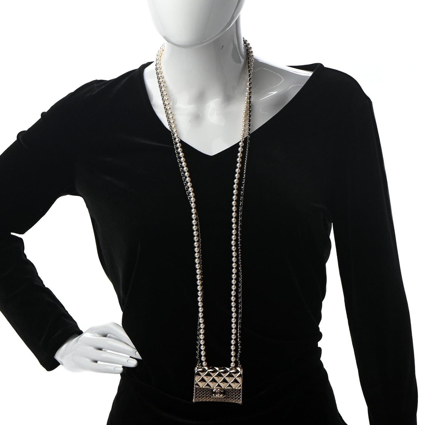 Metal Lambskin Pearl Chain Flap Bag Long Necklace Gold Black Pearly White