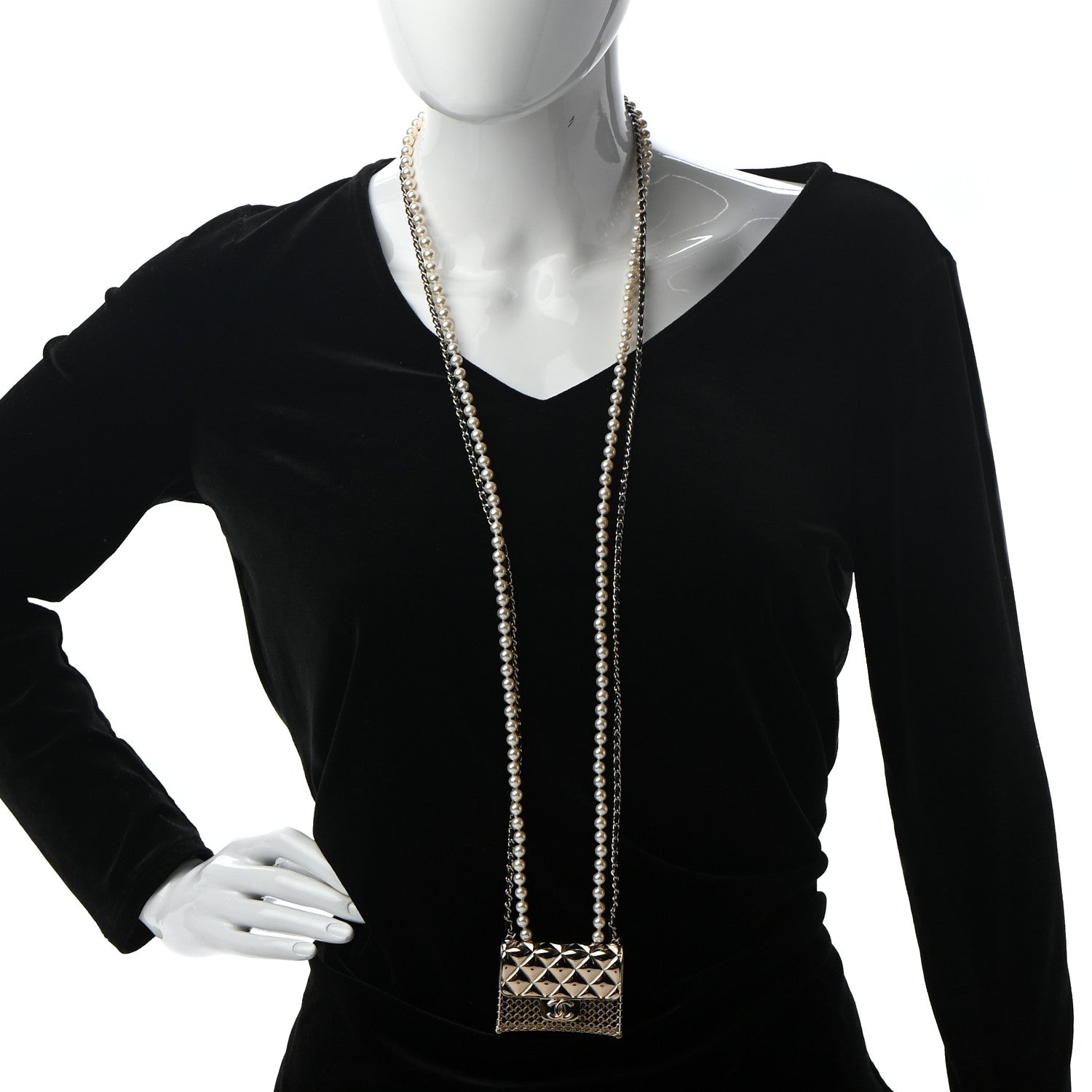 Chanel Metal Lambskin Pearl Chain Flap Bag Long Necklace Gold Black Pearly White 2 of 5