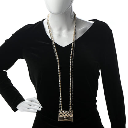 Chanel Metal Lambskin Pearl Chain Flap Bag Long Necklace Gold Black Pearly White 2 of 5