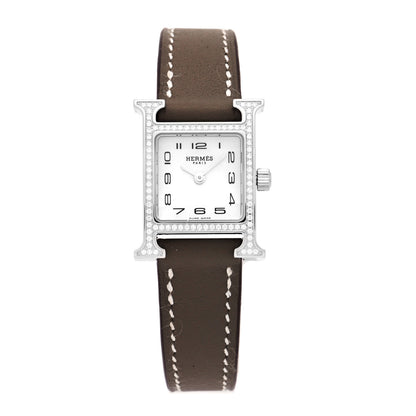 Hermes Stainless Steel Swift Diamond Bezel Mother of Pearl 17.2mm Heure H Hour Quartz Watch Etoupe 1 of 5