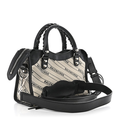 Balenciaga Canvas Satin Calfskin Diagonal Allover Logo Print Classic Silver Hardware Mini City Natural Black 3 of 14