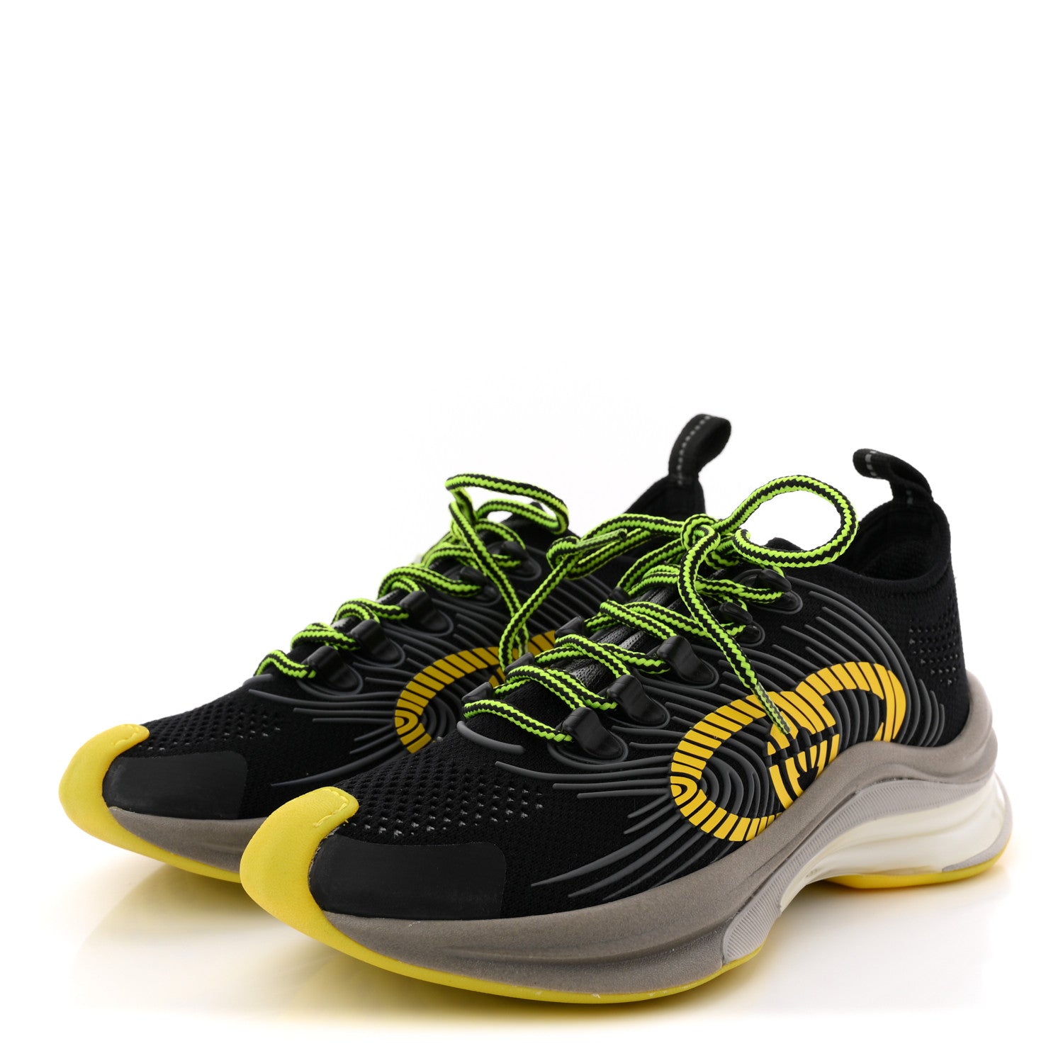 Gucci Technical Knit Fabric Waves Womens Gucci Run Sneakers 35 Black Silver Giallo Neon Yellow 4 of 9