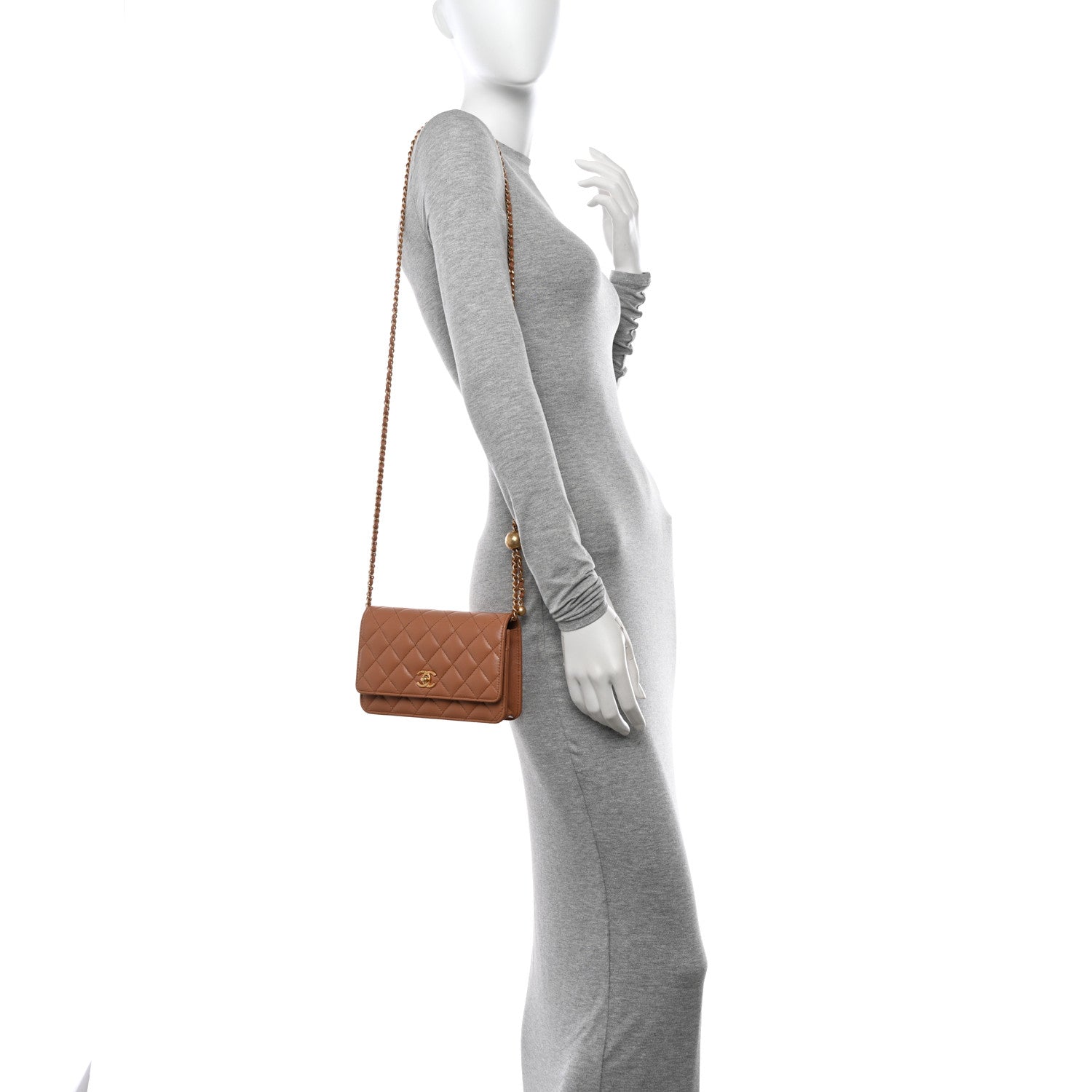 Chanel Lambskin Quilted CC Pearl Crush Wallet on Chain WOC Beige 2 of 13