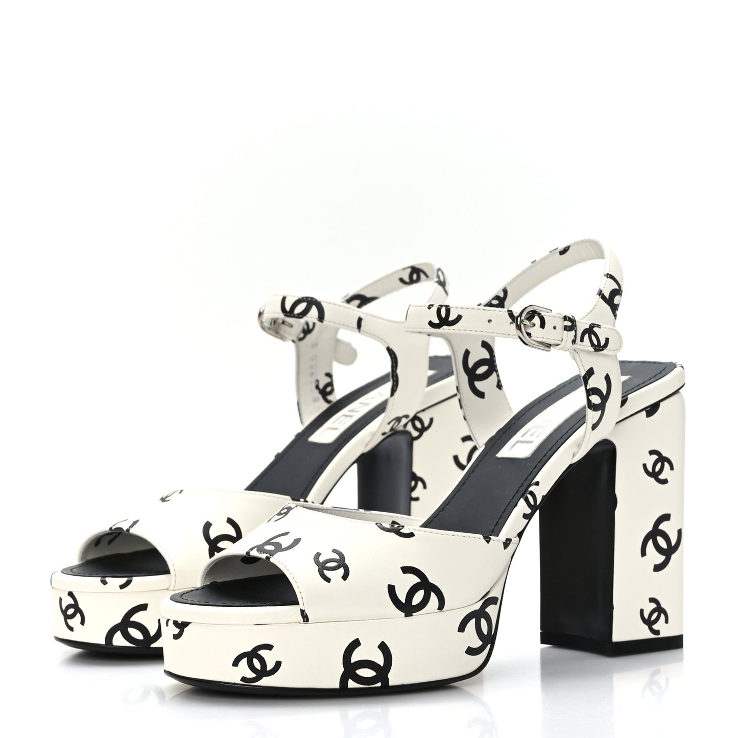 Printed Lambskin CC Platform Sandals 37.5 White Black