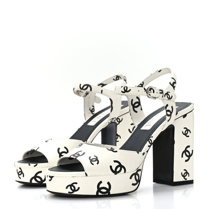 Chanel Printed Lambskin CC Platform Sandals 37.5 White Black 3 of 8