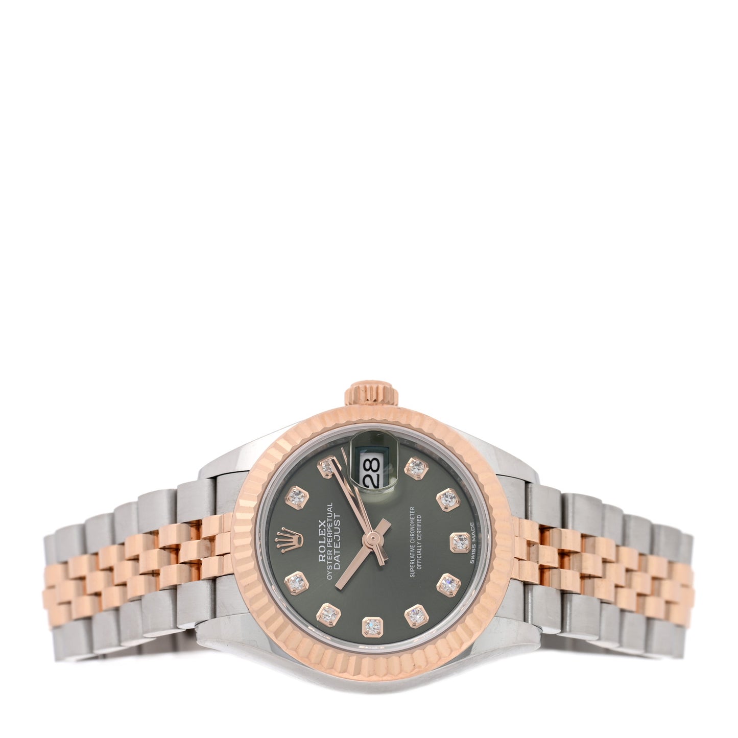 Stainless Steel 18K Everose Gold Diamond 28mm Oyster Perpetual Datejust Watch Green 279171