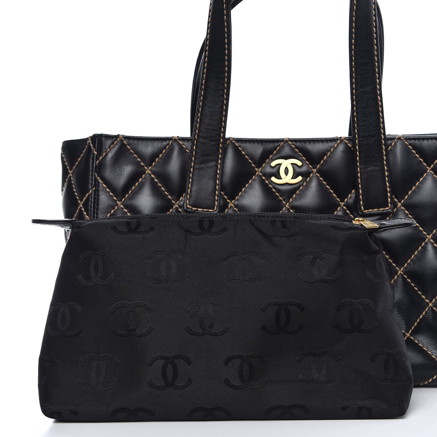 Calfskin Contrast Stitch Surpique Tote Black