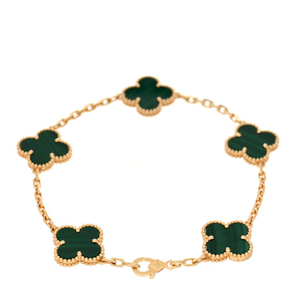 Van Cleef & Arpels 18K Yellow Gold Malachite 5 Motifs Vintage Alhambra Bracelet 2 of 5