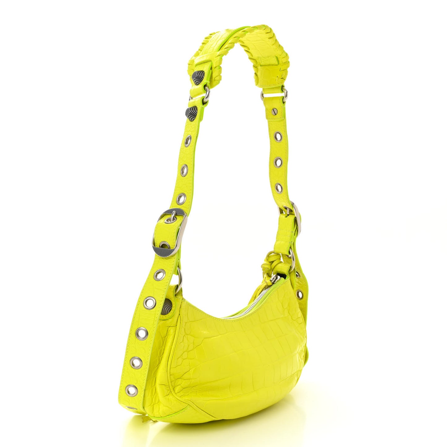 Extra Supple Calfskin Crocodile Embossed Le Cagole Shoulder Bag XS Fluo Yellow