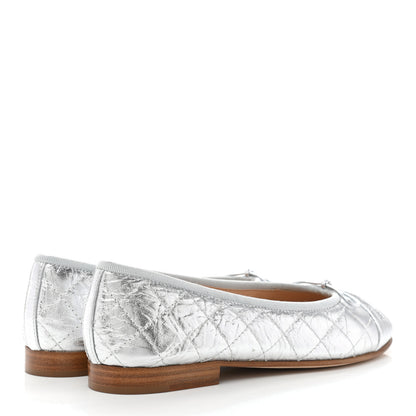 Chanel Metallic Aged Calfskin Quilted Cap Toe Ballerina Flats 37 Silver 4 of 9