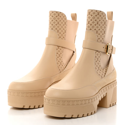 Louis Vuitton Suede Calfskin Embossed Monogram Laureate Platform Desert Boots 38 Beige 3 of 9