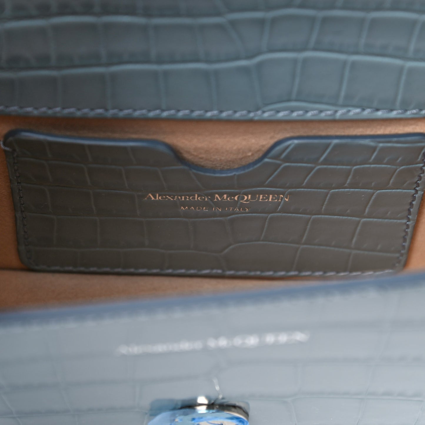 Shiny Crocodile Embossed Jeweled Satchel Blue Grey