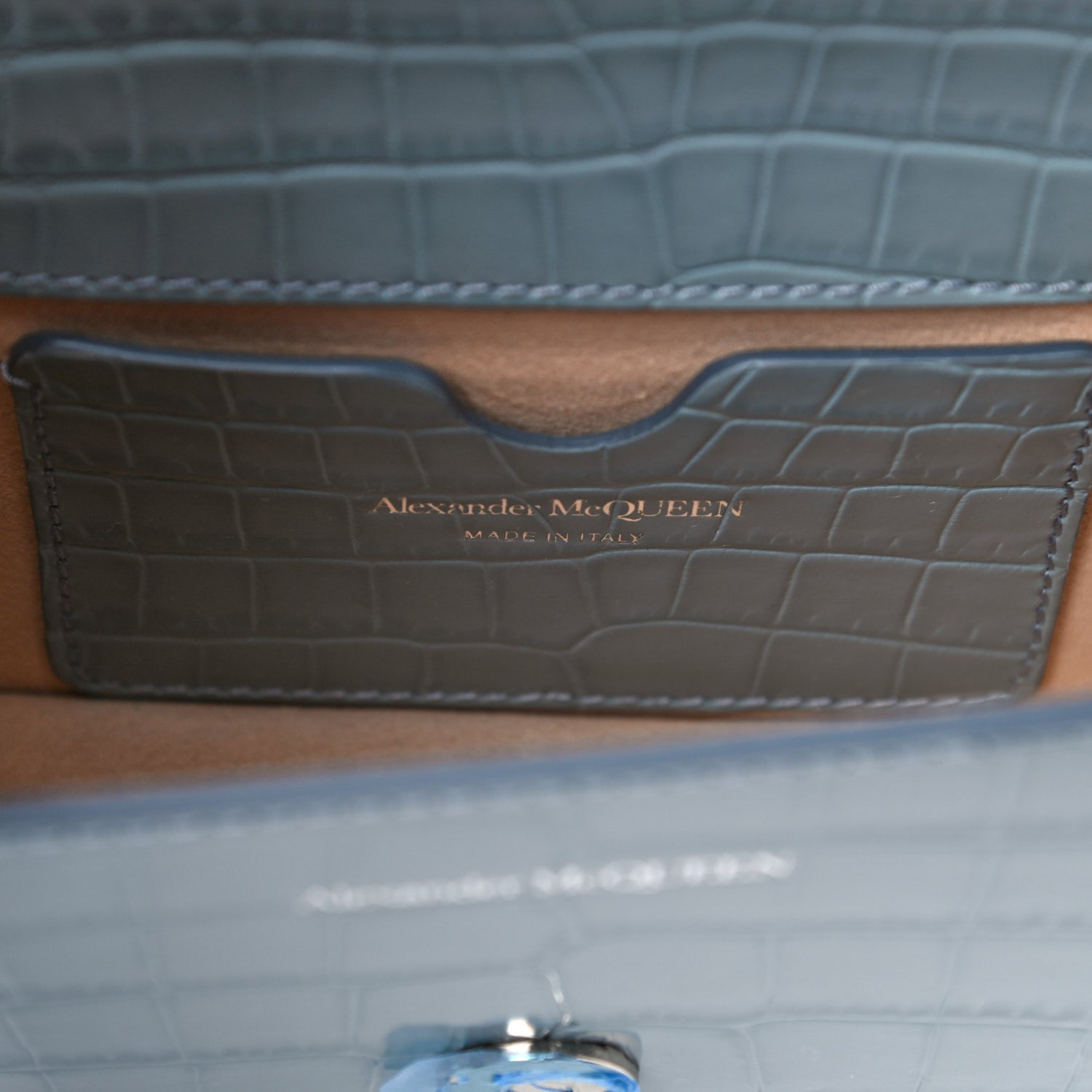 Alexander McQueen Shiny Crocodile Embossed Jeweled Satchel Blue Grey 6 of 17
