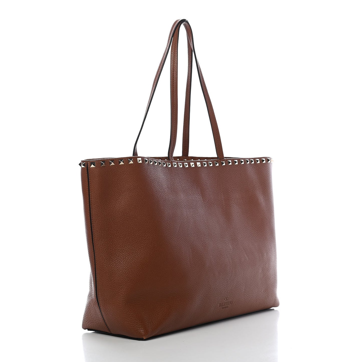 Grained Calfskin Rockstud Shoulder Tote Bright Cognac