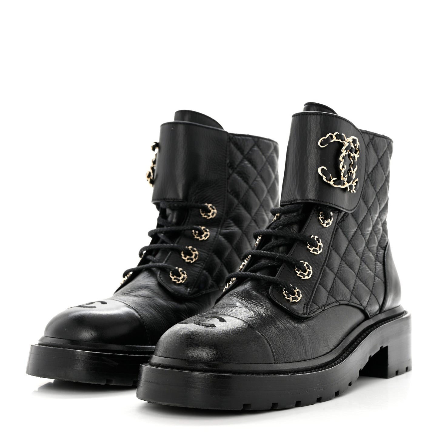 Shiny Goatskin Calfskin Quilted Lace Up Combat Boots 38 Black