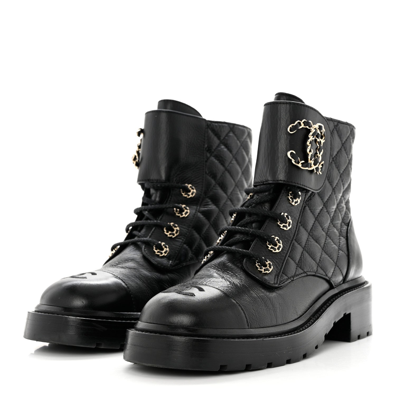 Chanel Shiny Goatskin Calfskin Quilted Lace Up Combat Boots 38 Black 3 of 9