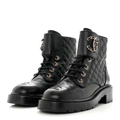 Chanel Shiny Goatskin Calfskin Quilted Lace Up Combat Boots 38 Black 3 of 9