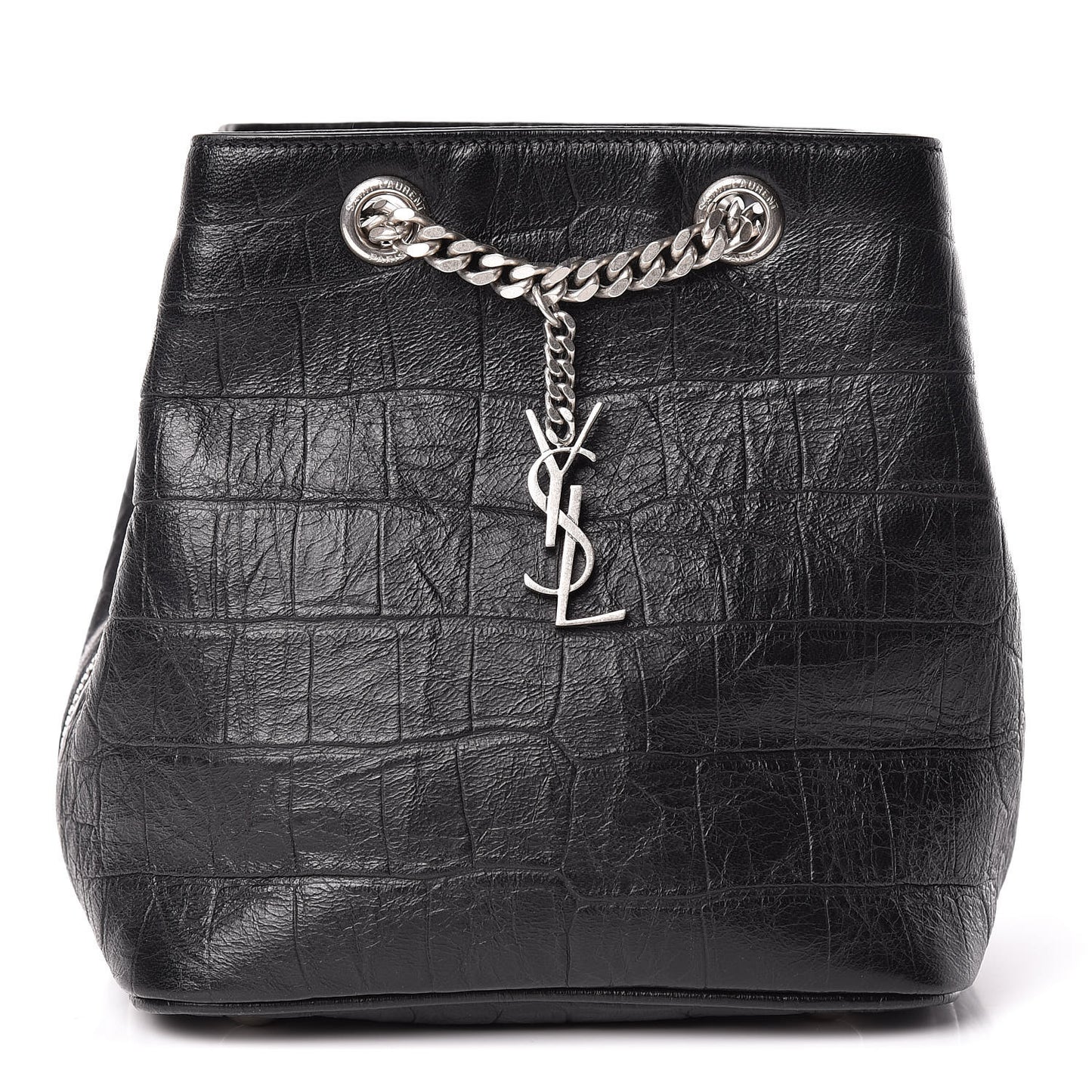 Calfskin Crocodile Embossed Baby Emmanuelle Bucket Bag Black
