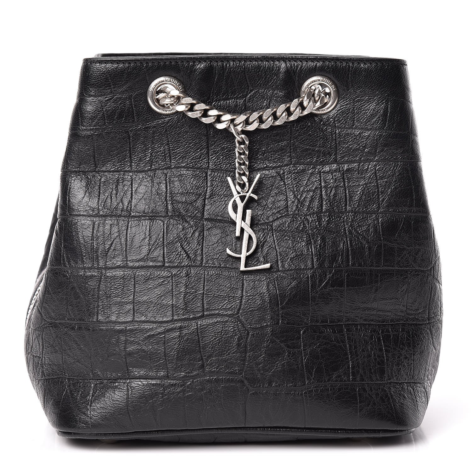 Saint Laurent Calfskin Crocodile Embossed Baby Emmanuelle Bucket Bag Black 1 of 10