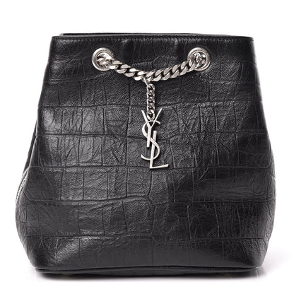 Saint Laurent Calfskin Crocodile Embossed Baby Emmanuelle Bucket Bag Black 1 of 10
