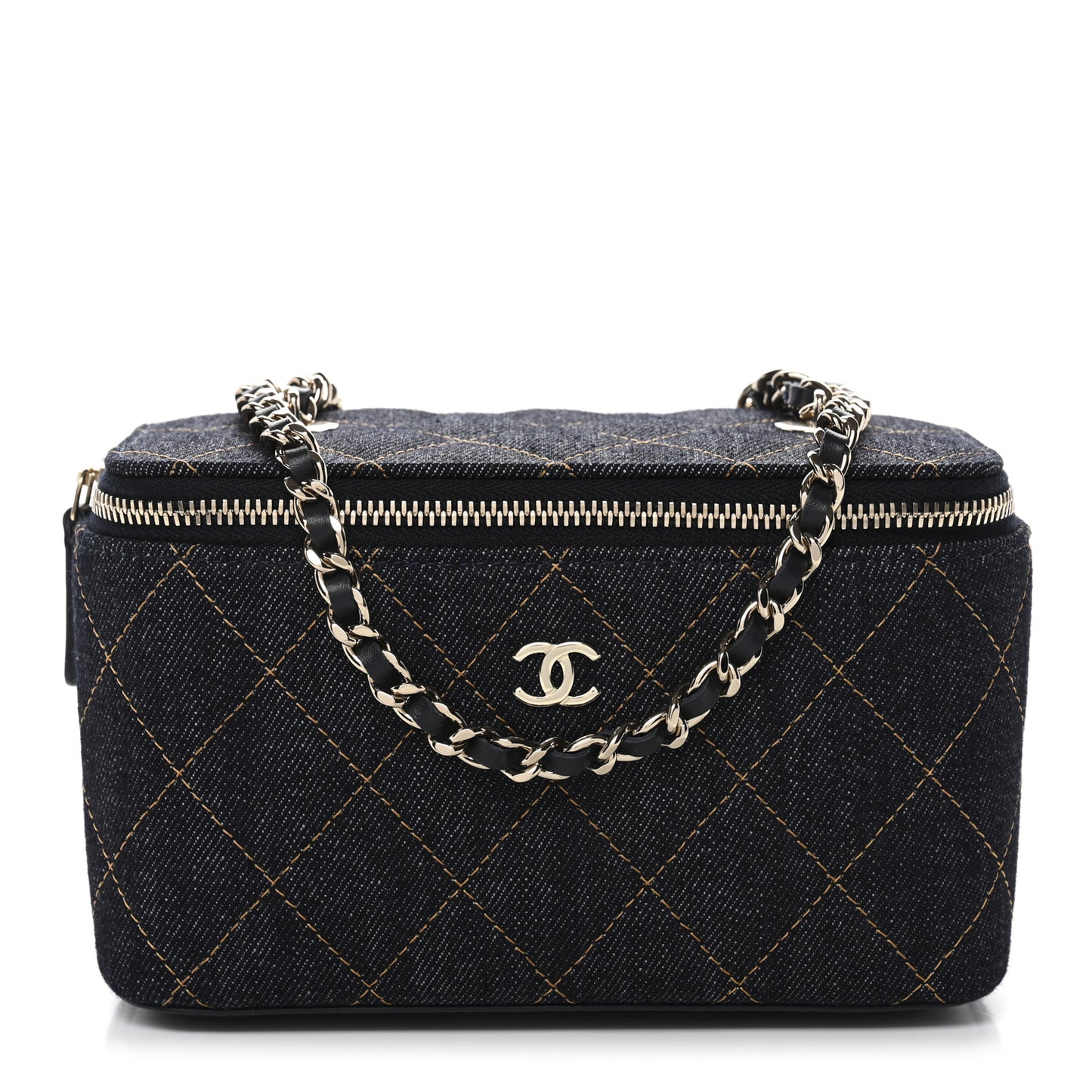 Denim Quilted Small Vanity Case With Chain Dark Blue Orange