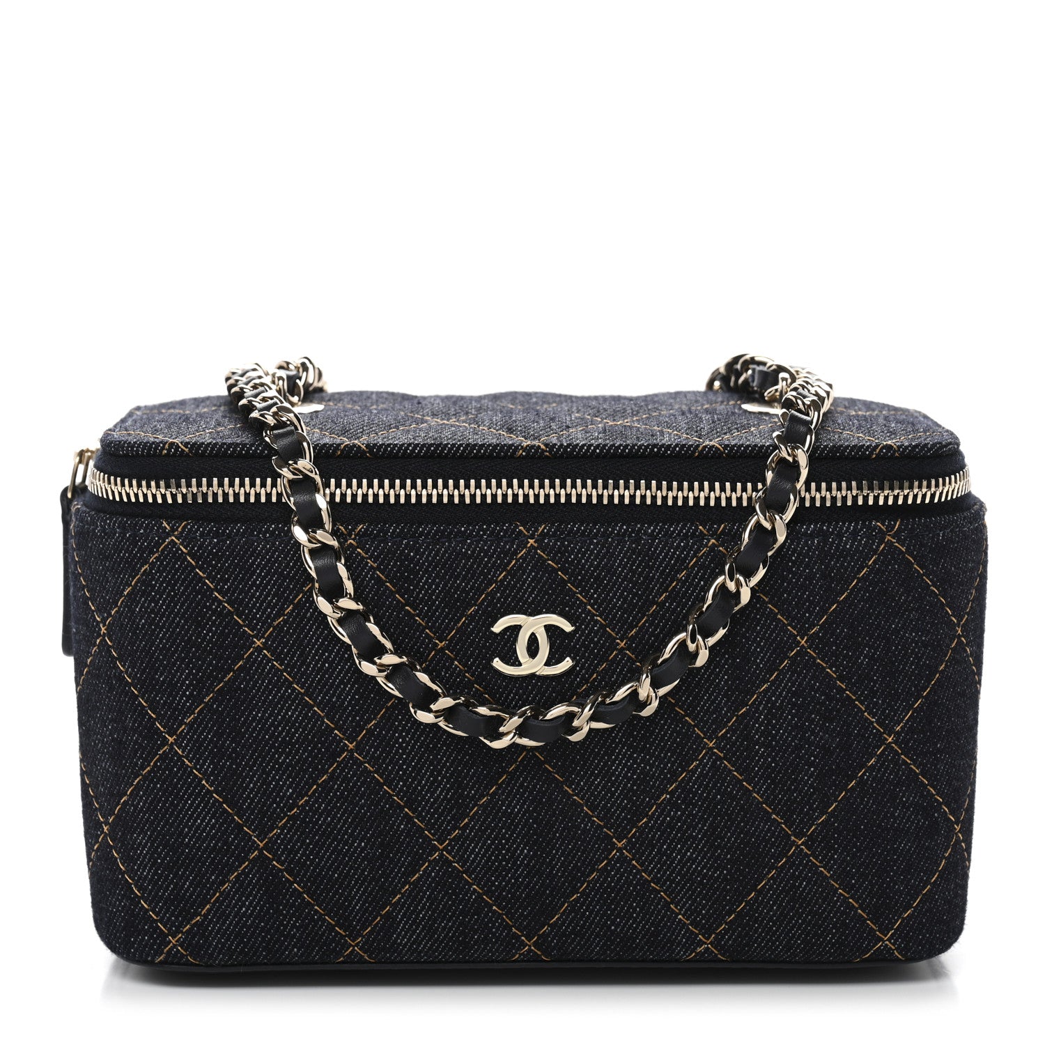 Chanel Denim Quilted Small Vanity Case With Chain Dark Blue Orange 1 of 11