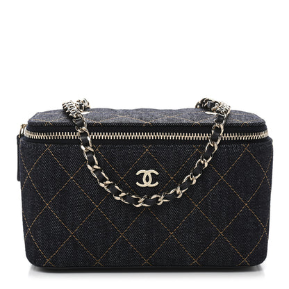 Chanel Denim Quilted Small Vanity Case With Chain Dark Blue Orange 1 of 11