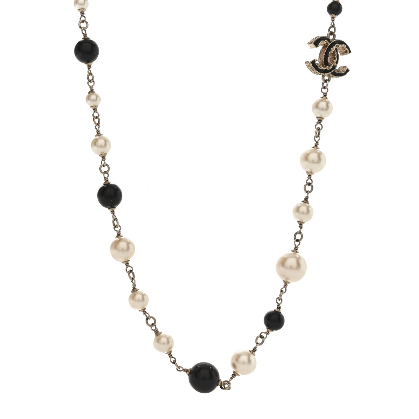 Pearl Enamel Beaded CC Baroque Long Necklace Black White Gold
