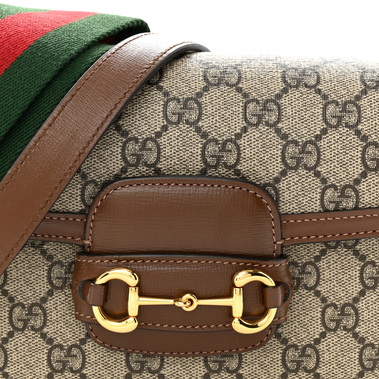 GG Supreme Monogram Azalea Calfskin Web Mini Horsebit 1955 Shoulder Bag Beige Ebony Brown Sugar