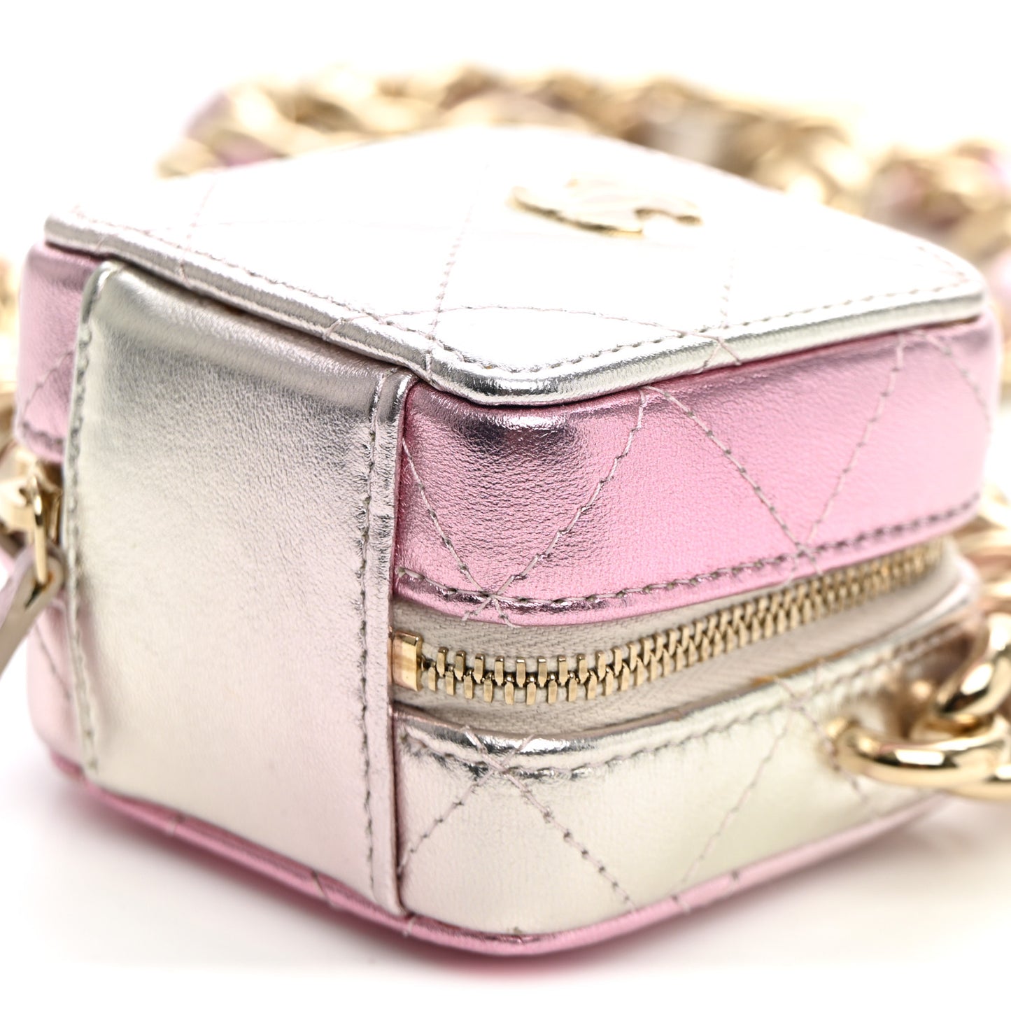 Gradient Metallic Lambskin Quilted Coco Punk Cube Clutch With Chain Silver Pink