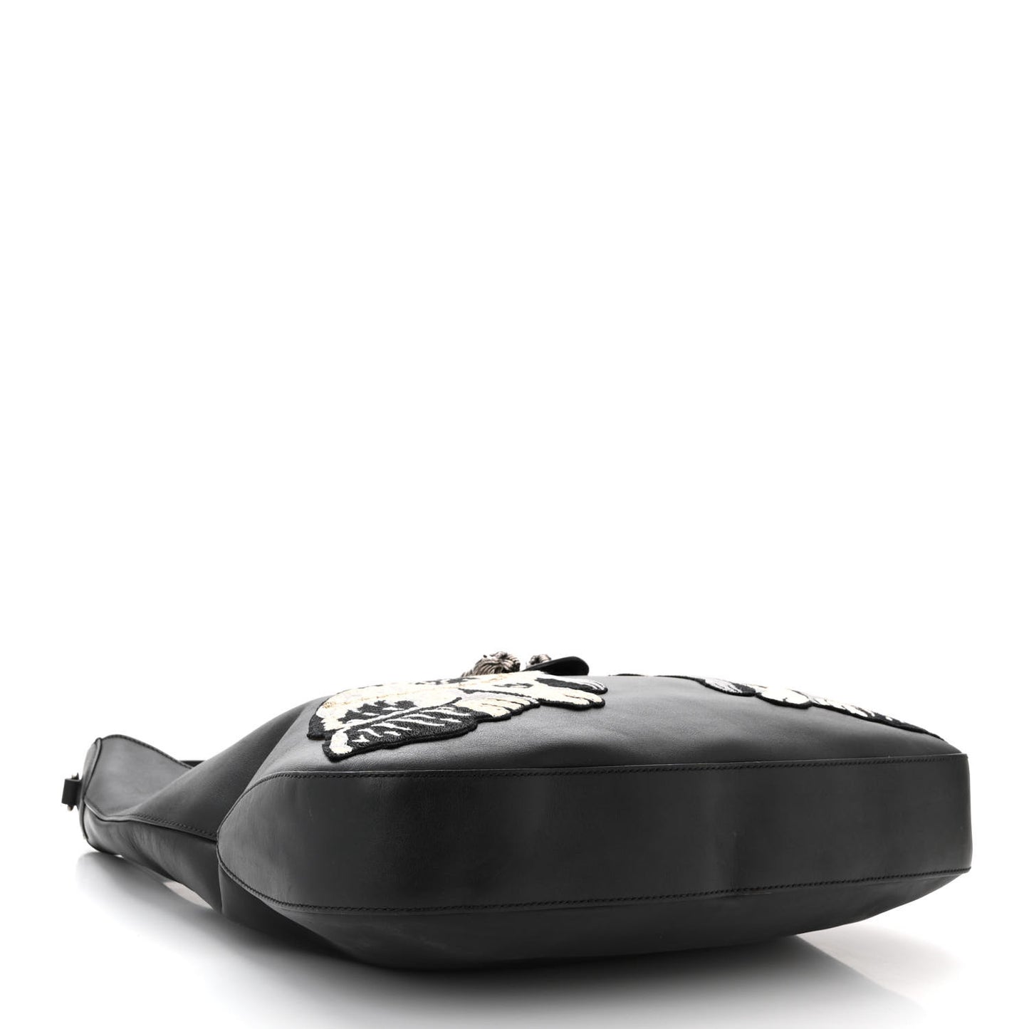 Calfskin Web Dog Embroidered Large Dionysus Hobo Black