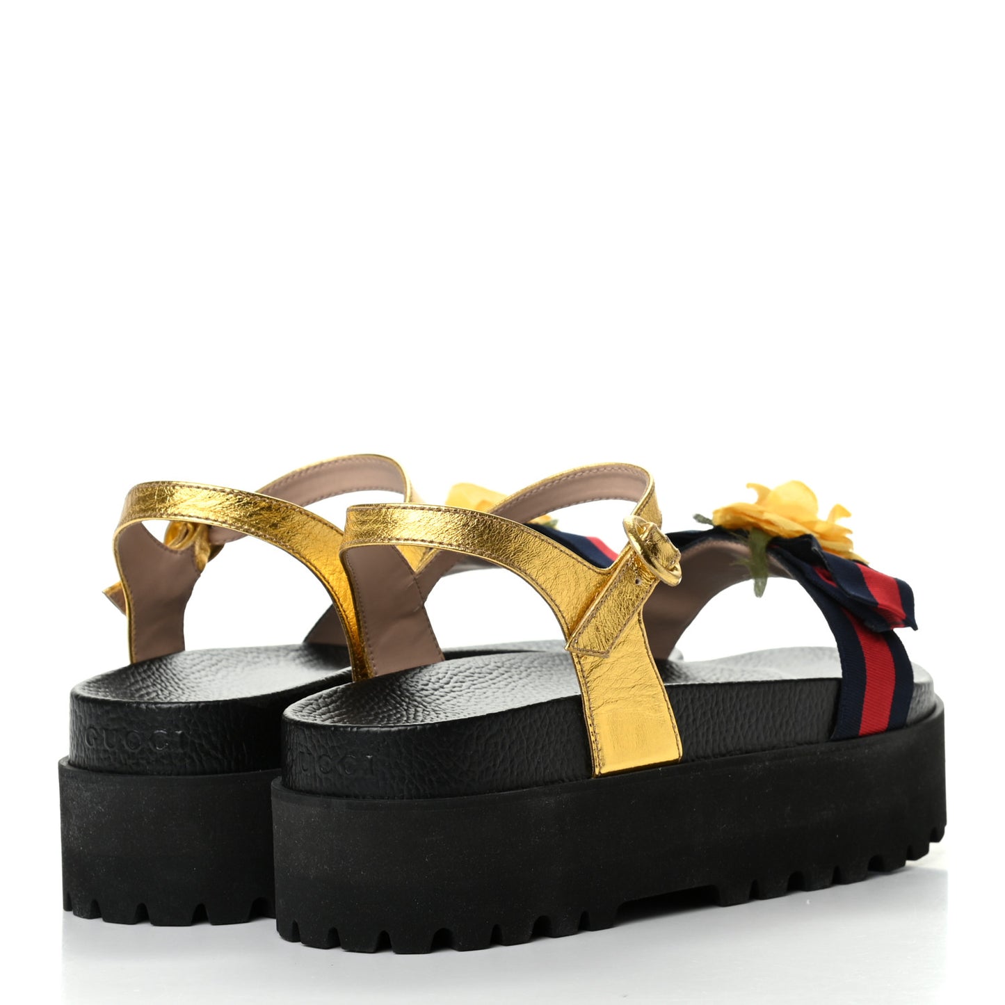 Metallic Calfskin Web Platform Lug Sole Sandals 40.5 Gold