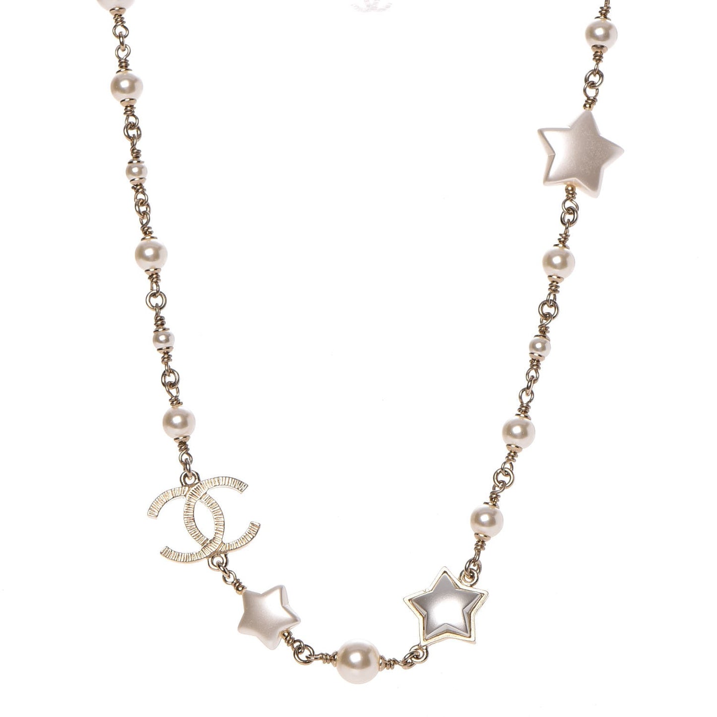 Metal Resin Pearl Star CC Necklace Gold