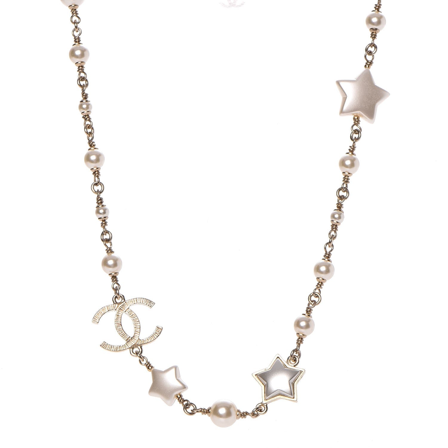 Chanel Metal Resin Pearl Star CC Necklace Gold 1 of 7
