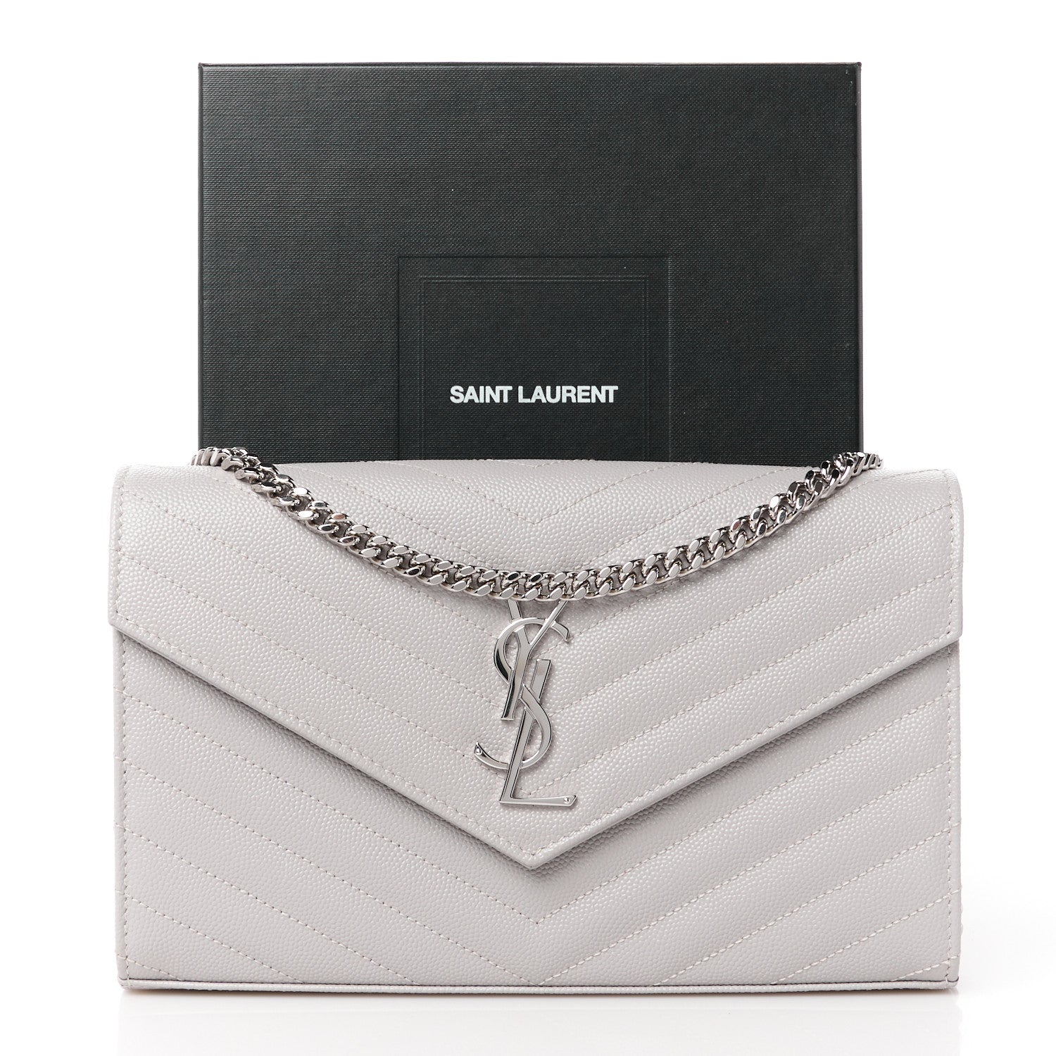 Saint Laurent Grain De Poudre Matelasse Chevron Monogram Chain Wallet Granite 13 of 13