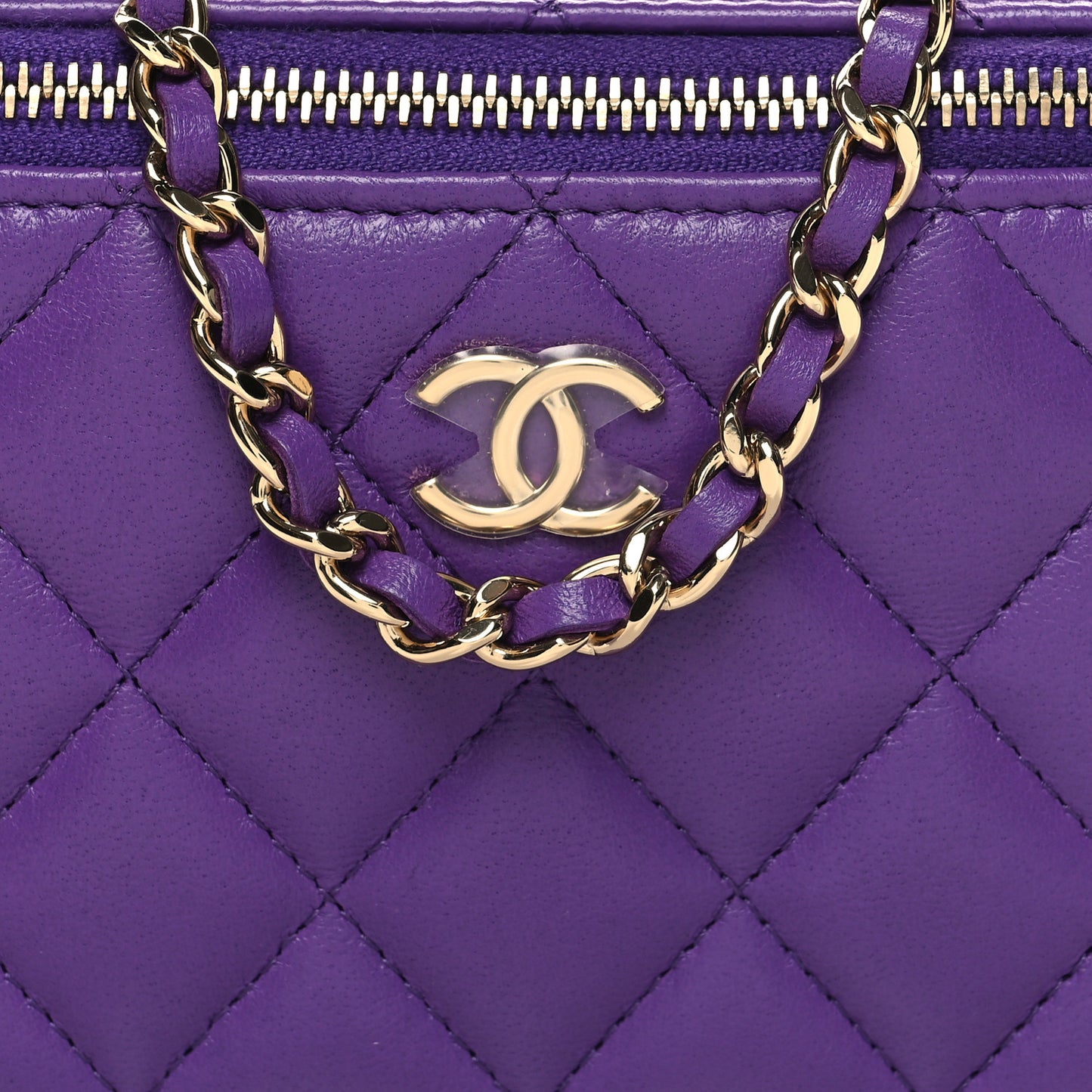 Lambskin Quilted Small Top Handle Vanity Case With Chain Purple